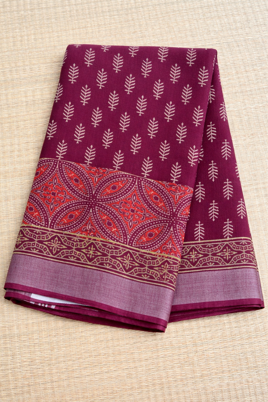 Cotton Linen Block Print Saree - Red with Cream - Full Look