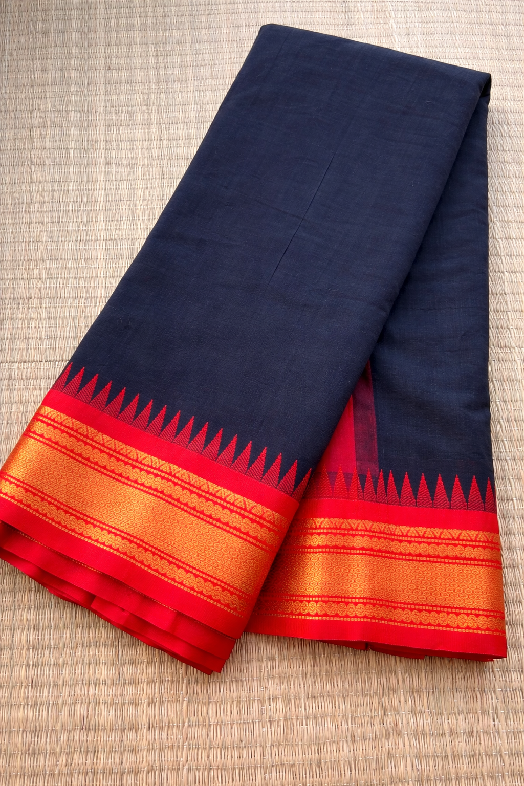 Gadwal Cotton Saree - Black with Red & Gold Border - Full Look