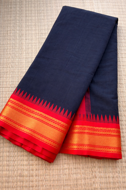 Gadwal Cotton Saree - Black with Red & Gold Border - Full Look