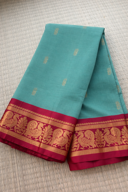 Gadwal Cotton Saree - Teal with Crimson Red Border - Full Look