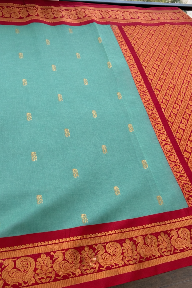Gadwal Cotton Saree - Teal with Crimson Red Border - Body Detail