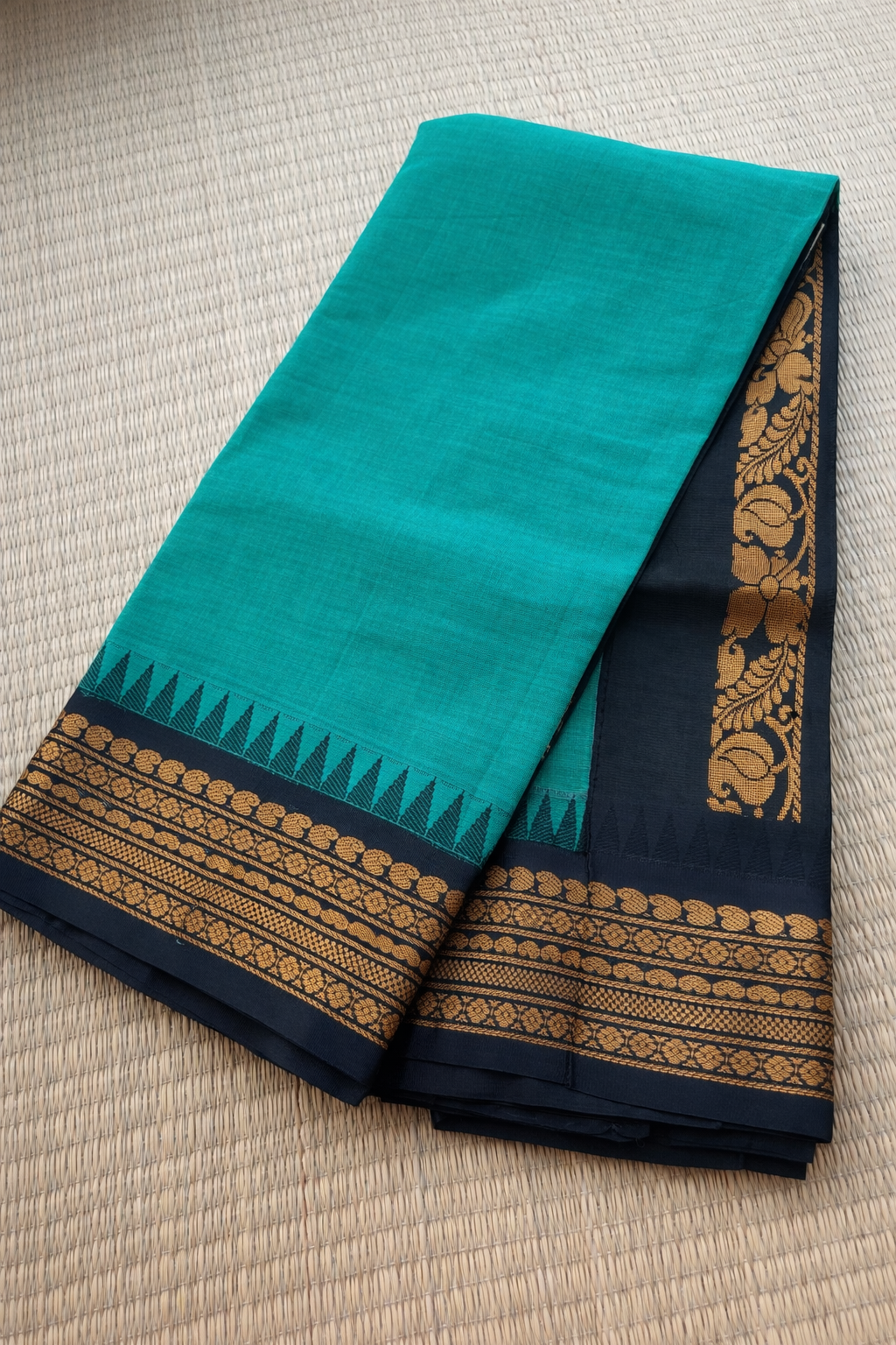Gadwal Cotton Saree - Teal with Navy Black Border - Full Look