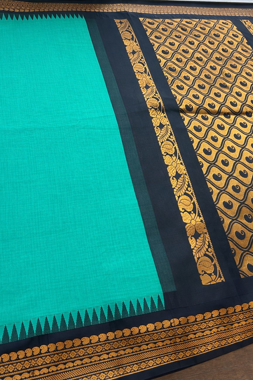 Gadwal Cotton Saree - Teal with Navy Black Border - Body Detail