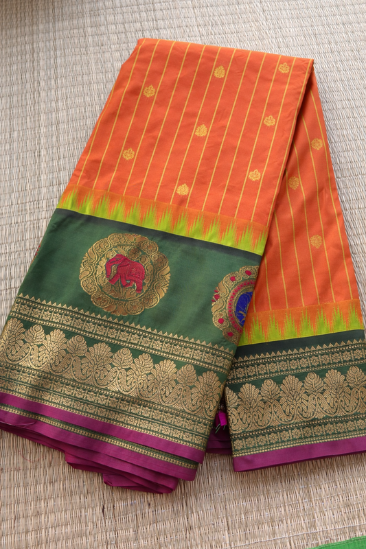 Gadwal Semi Silk Saree Orange Green