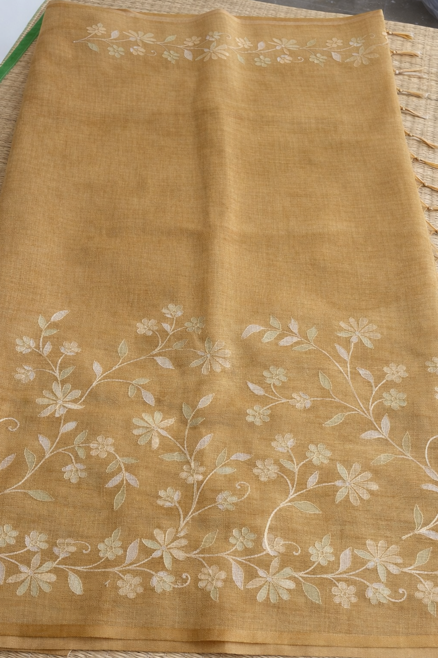 Hand Embroidered Tussar Semi Silk Saree - Gold - Body