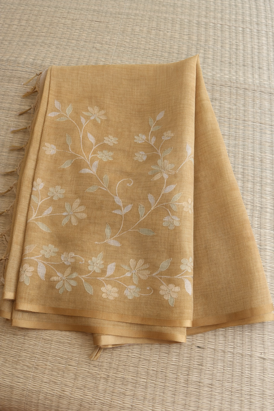Hand Embroidered Tussar Semi Silk Saree - Gold - Full Look