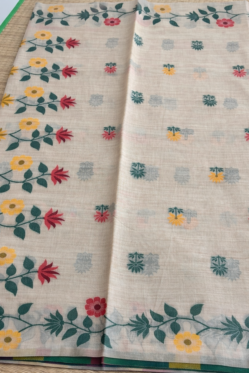 Jamdani Cotton Saree - Off White Floral Pattern - Body Detail
