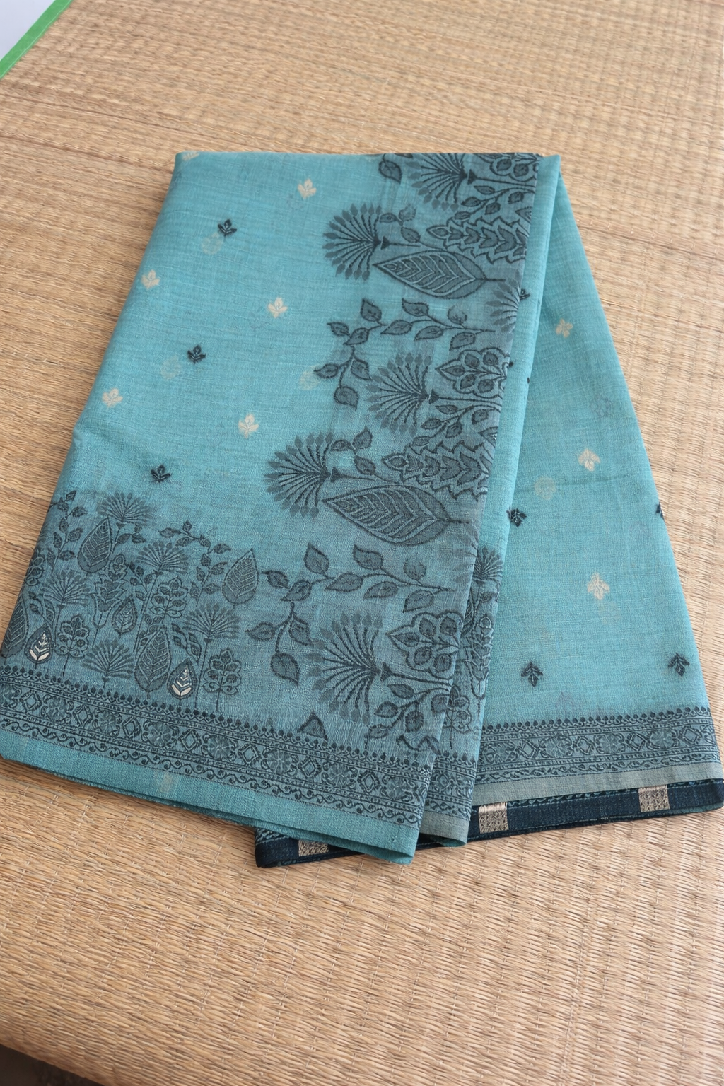 Jamdani Cotton Saree - Blue with Black Threadwork - Full Look