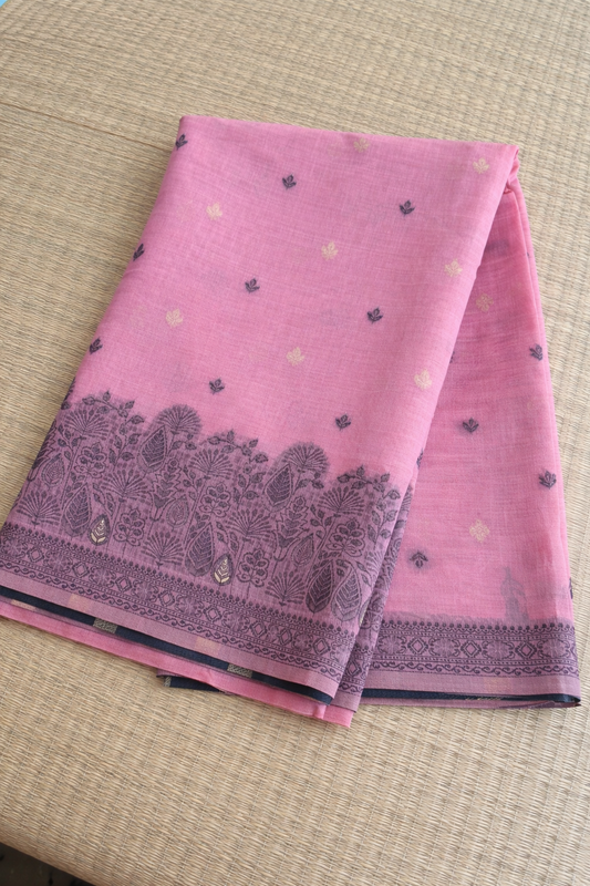 Jamdani Cotton Saree - Pink with Black Threadwork - Full Look