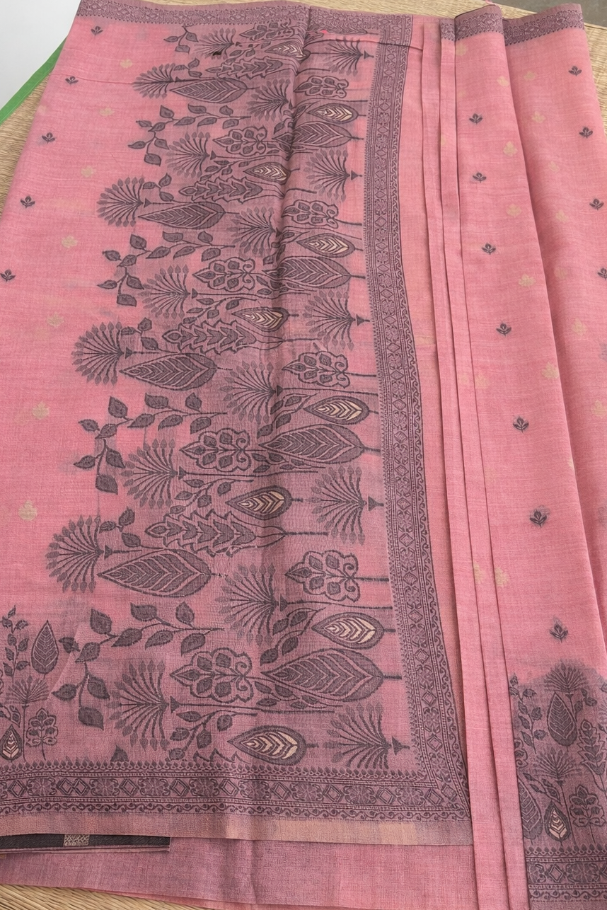 Jamdani Cotton Saree - Pink with Black Threadwork - Pallu Detail