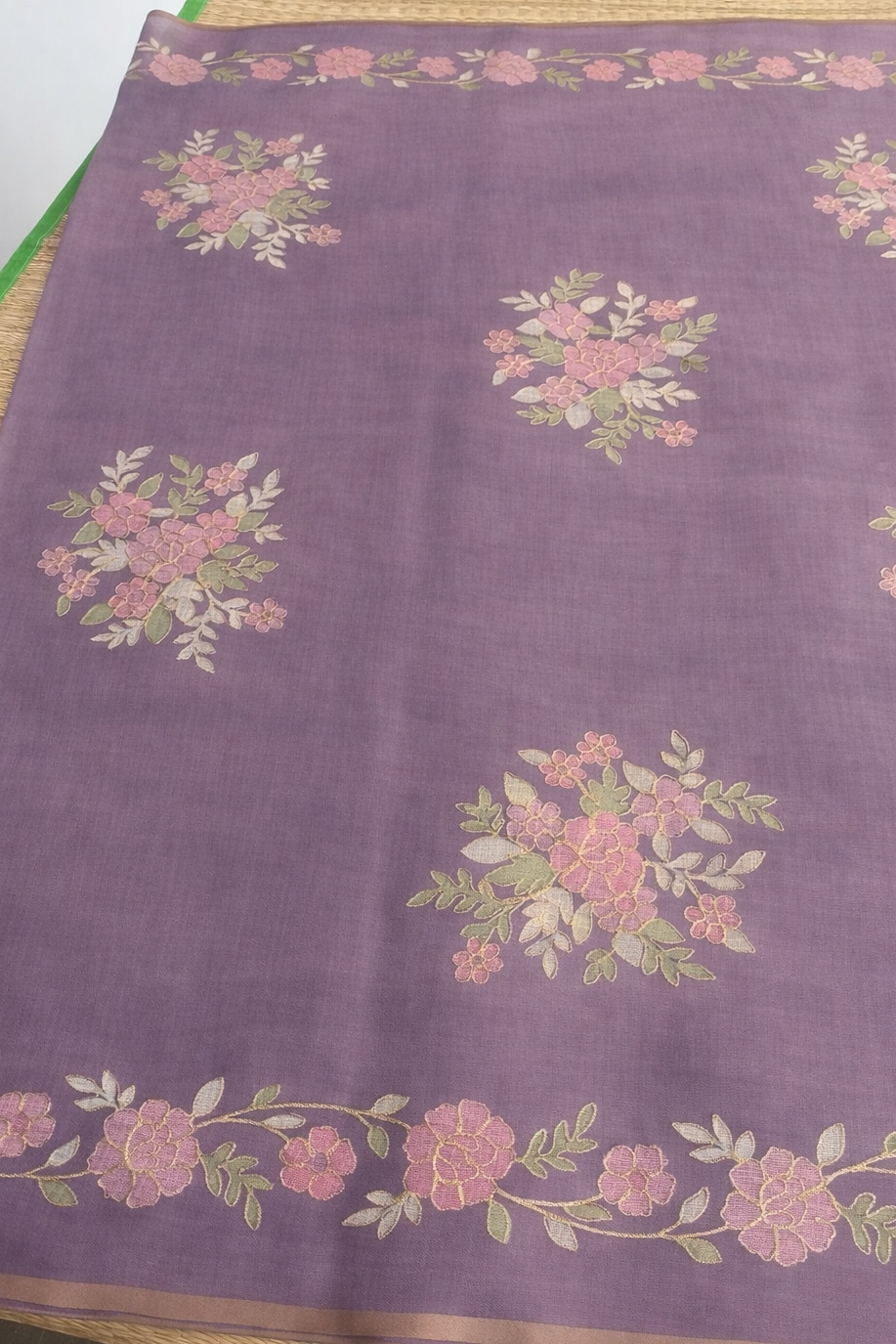 Hand Embroidered Tussar Semi Silk Saree - Lavender - Body