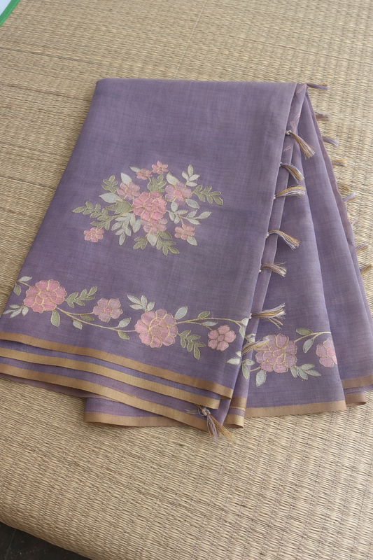 Hand Embroidered Tussar Semi Silk Saree - Lavender - Full Look