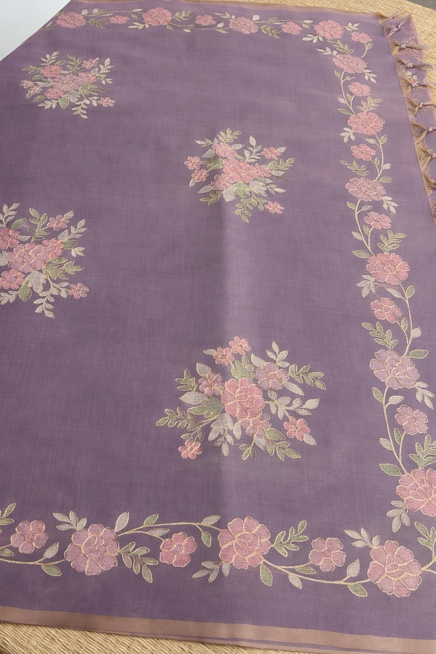 Hand Embroidered Tussar Semi Silk Saree - Lavender - Pallu