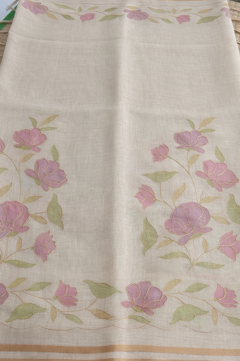 Hand Embroidered Tussar Semi Silk Saree - Off White - Body