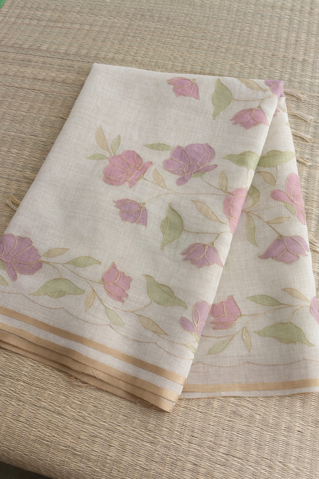 Hand Embroidered Tussar Semi Silk Saree - Off White - Full Look