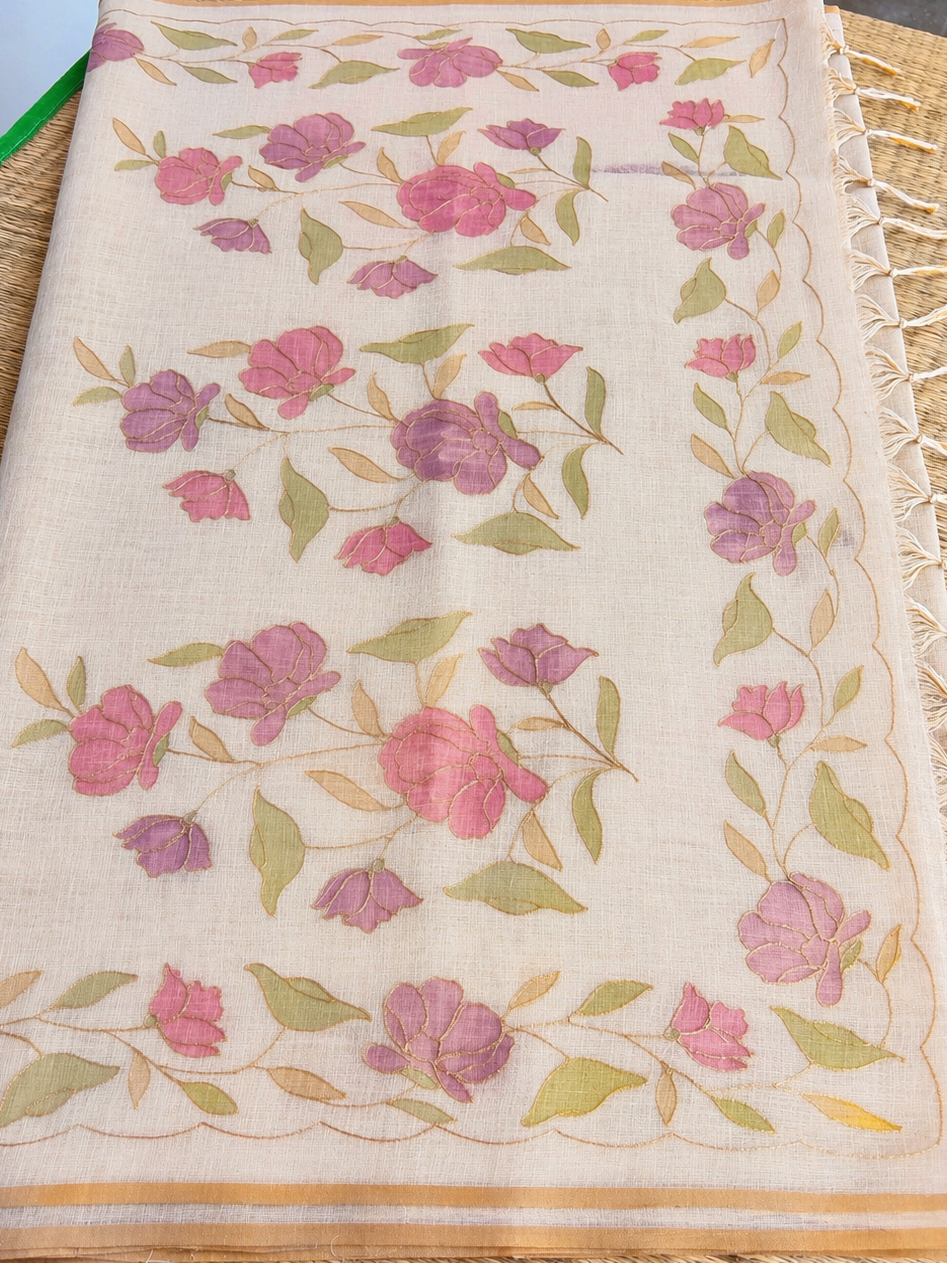 Hand Embroidered Tussar Semi Silk Saree - Off White - Pallu