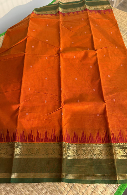 Kanchi Silk Cotton Saree - Rust Orange with Olive Green Border - Full Look