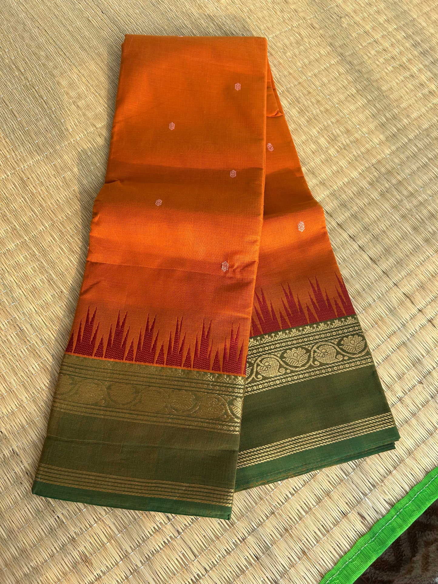 Kanchi Silk Cotton Saree - Rust Orange with Olive Green Border - Folded View