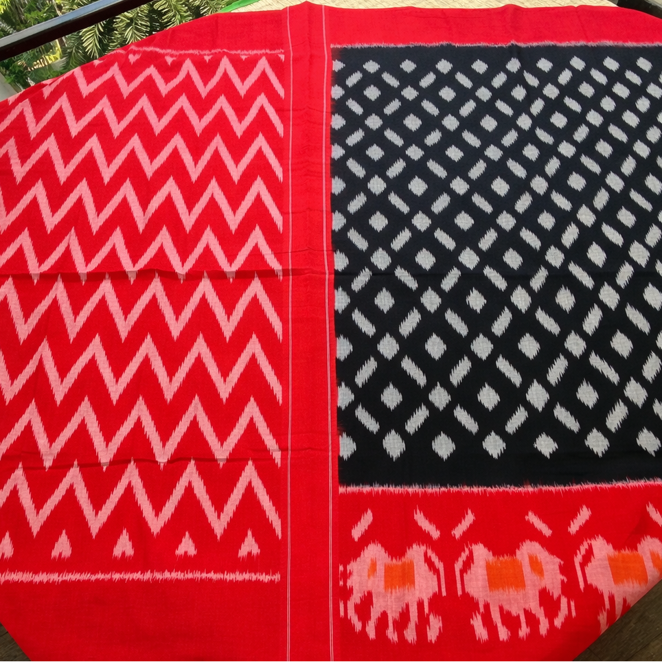 Pochampally Cotton Ikat Saree - Black with Red Border & Elephant Pallu - Full Look