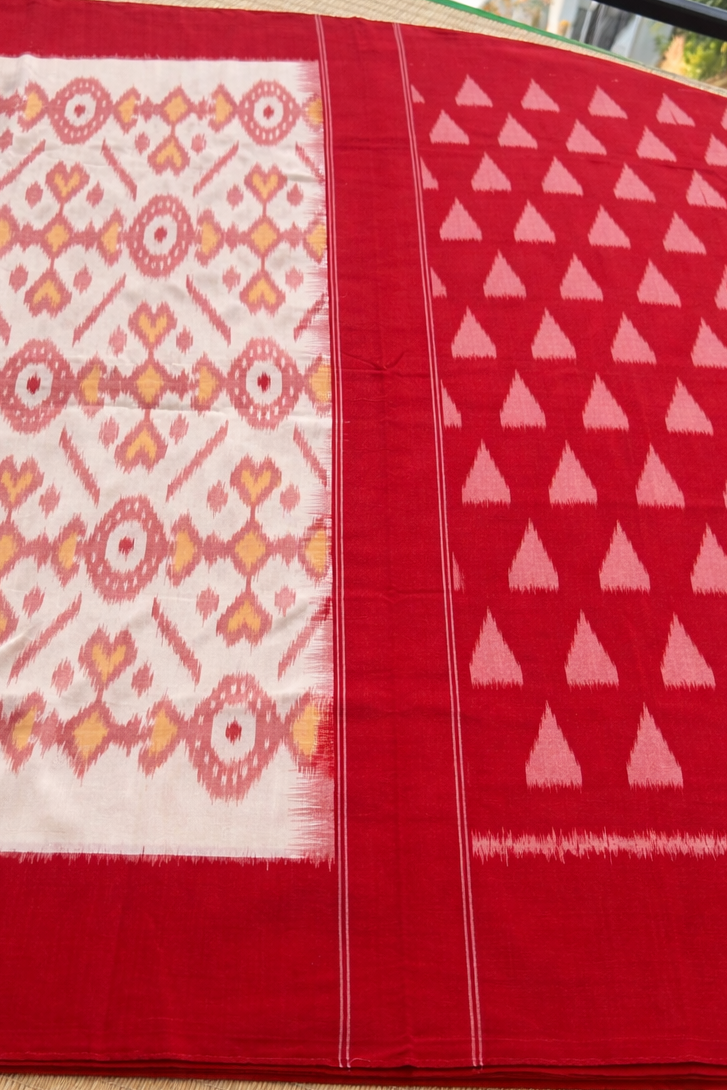 Pochampally Cotton Ikat Saree - Cream with Red Border - Full Look
