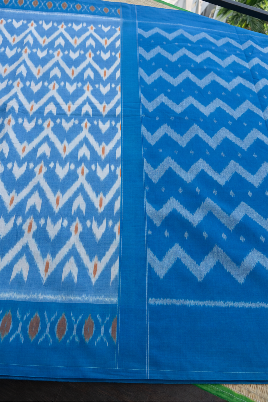 Pochampally Cotton Ikat Saree - Sky Blue with Chevron Pallu - Body Detail