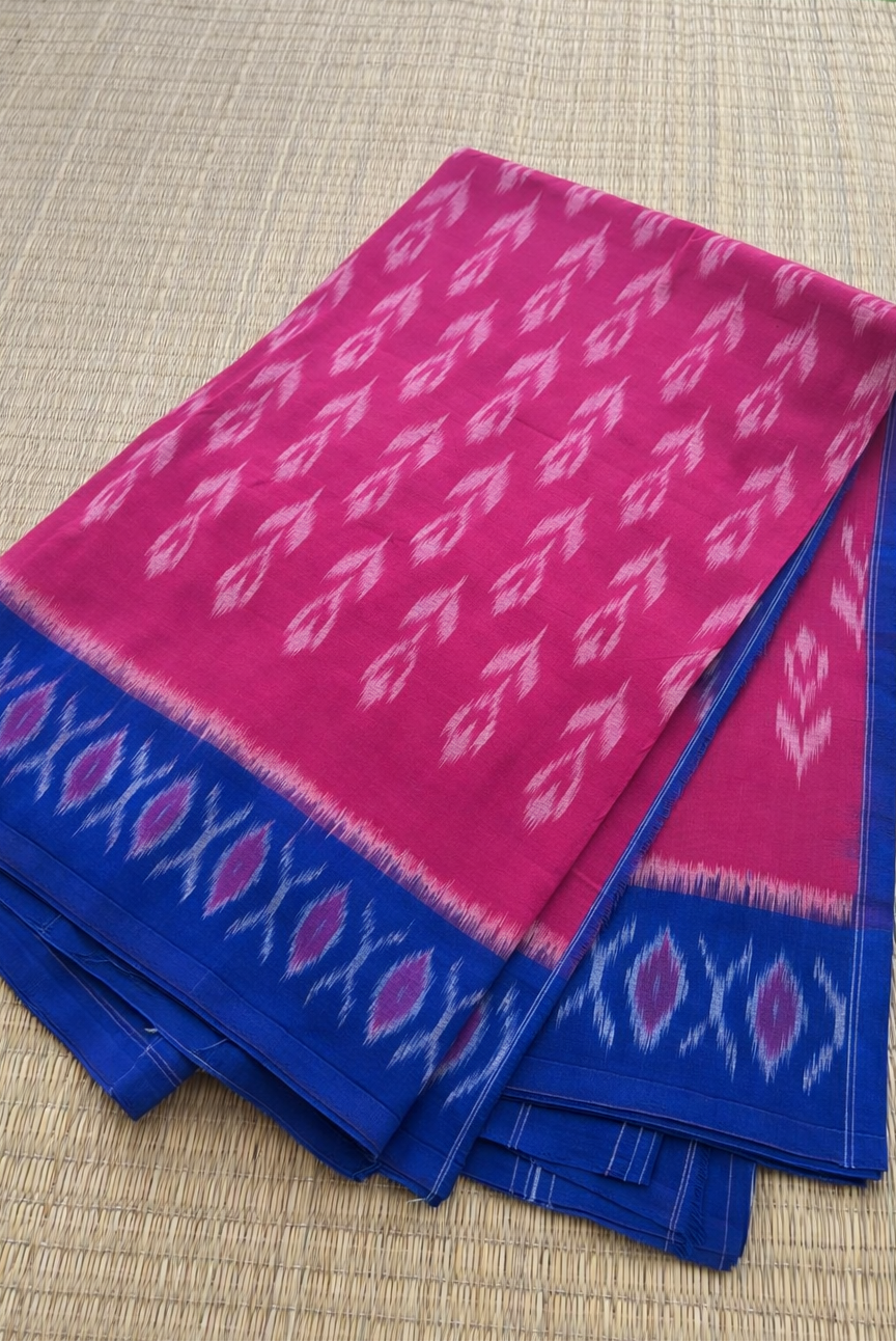 Pochampally Cotton Ikat Saree - Hot Pink with Royal Blue Border - Body Detail
