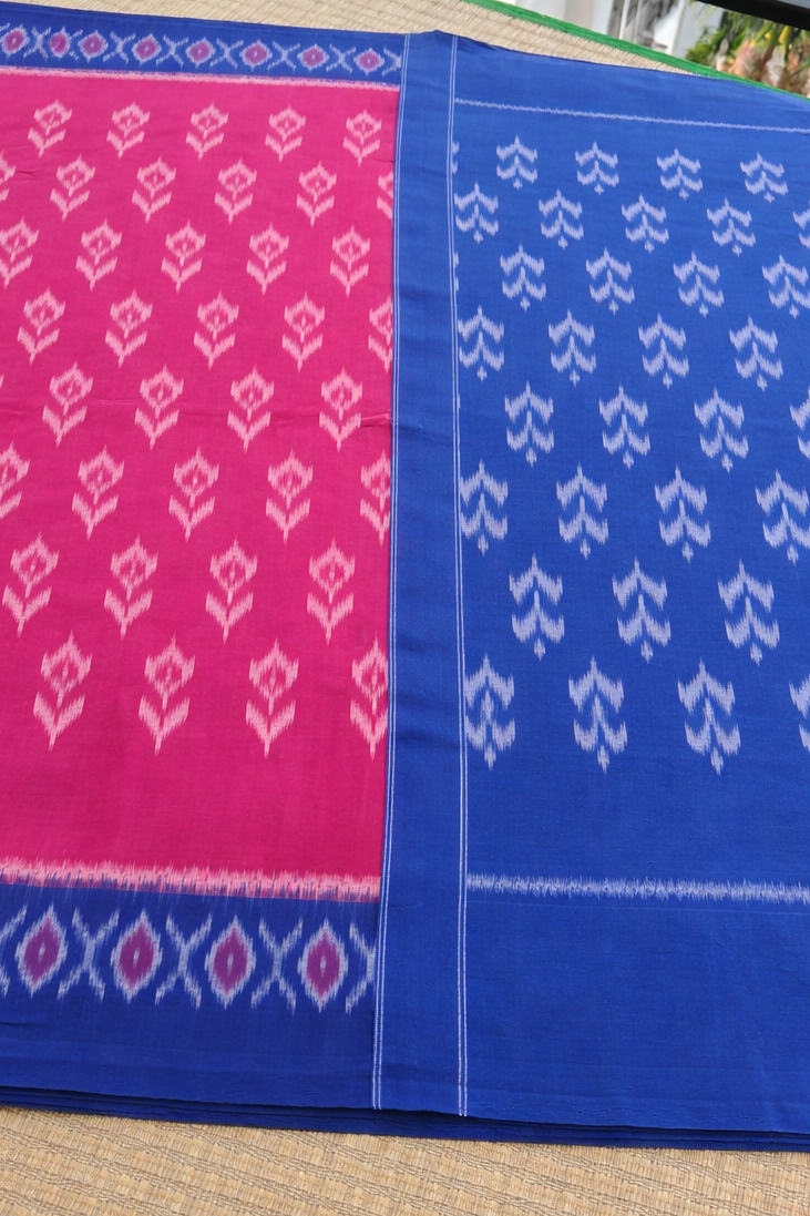 Pochampally Cotton Ikat Saree - Hot Pink with Royal Blue Border - Full Look