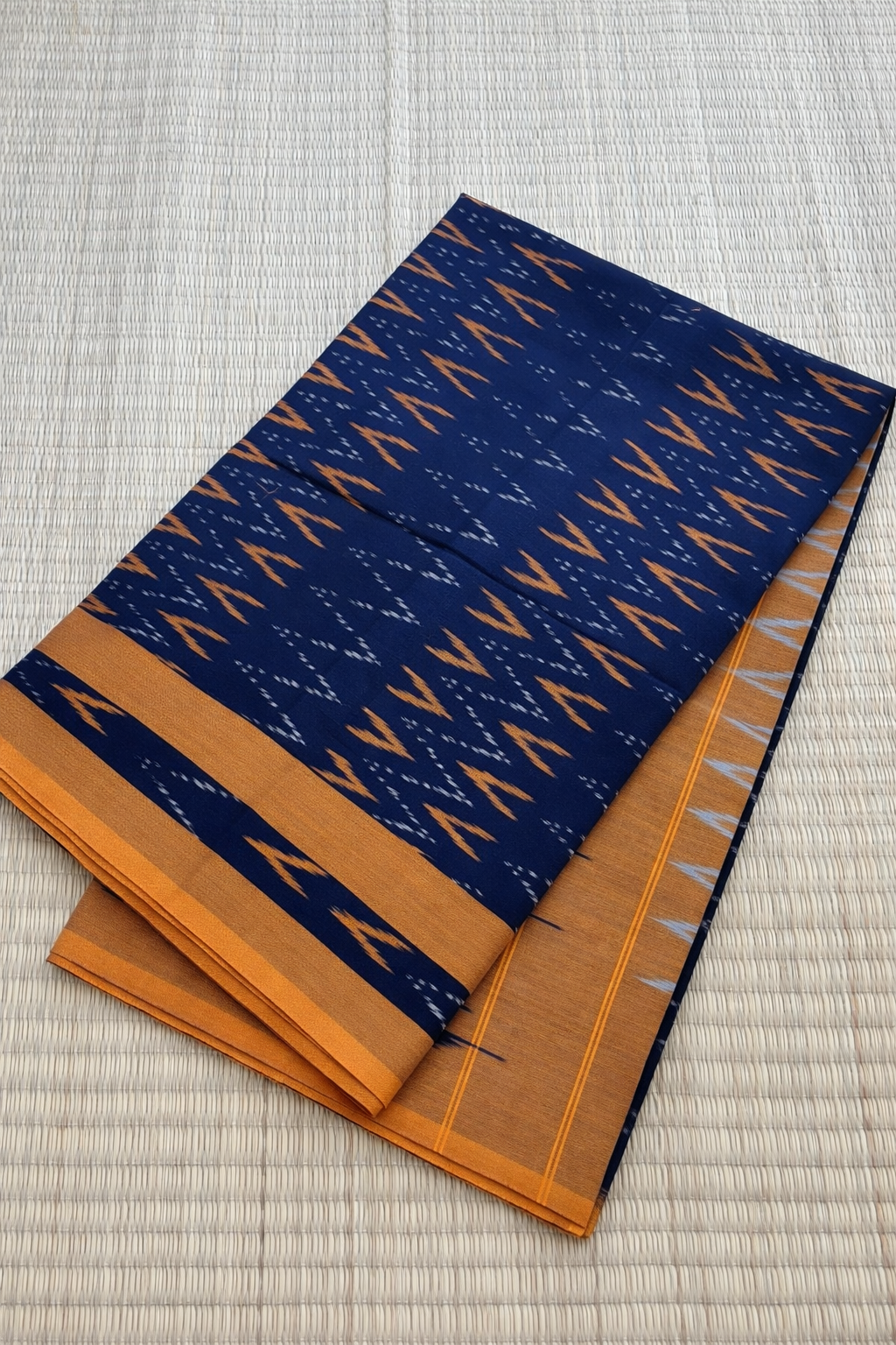 Pochampally Ikat Saree - Navy Blue with Mustard Yellow Border