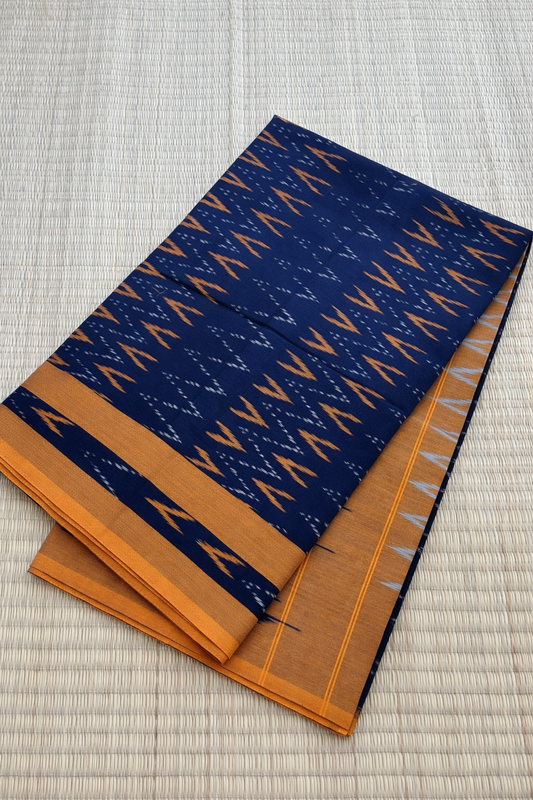 Pochampally Ikat Saree - Navy Blue with Mustard Yellow Border