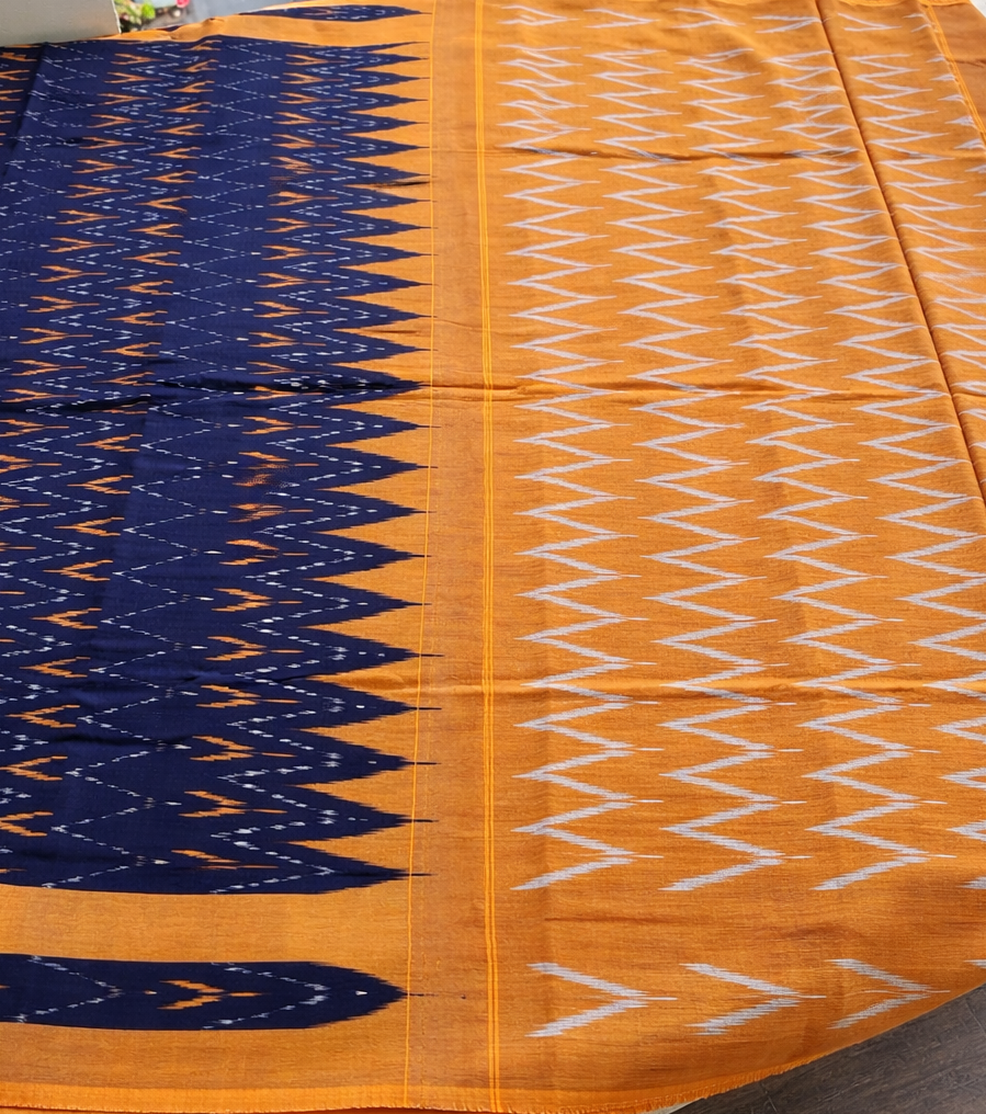 Pochampally Ikat Saree - Navy Blue with Mustard Yellow Border