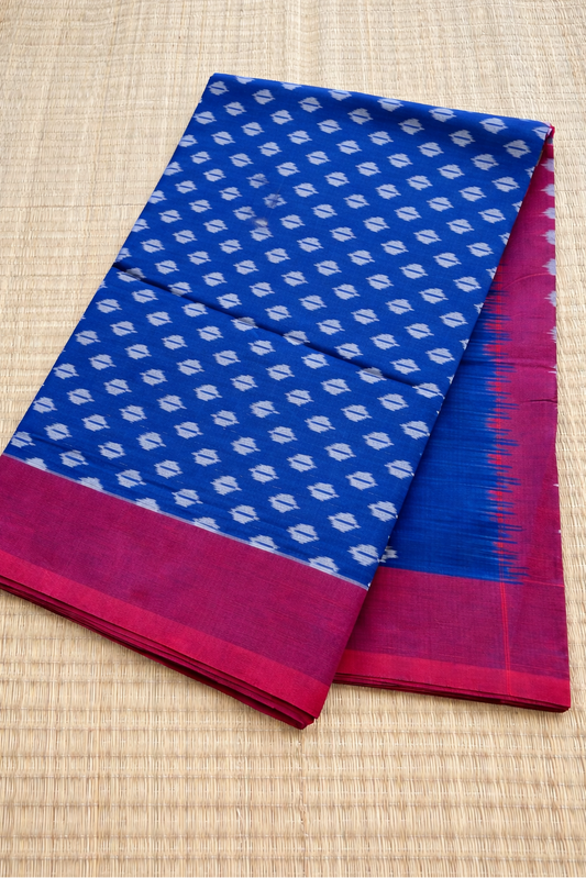 Pochampally Ikat Saree - Royal Blue with Hot Pink Border