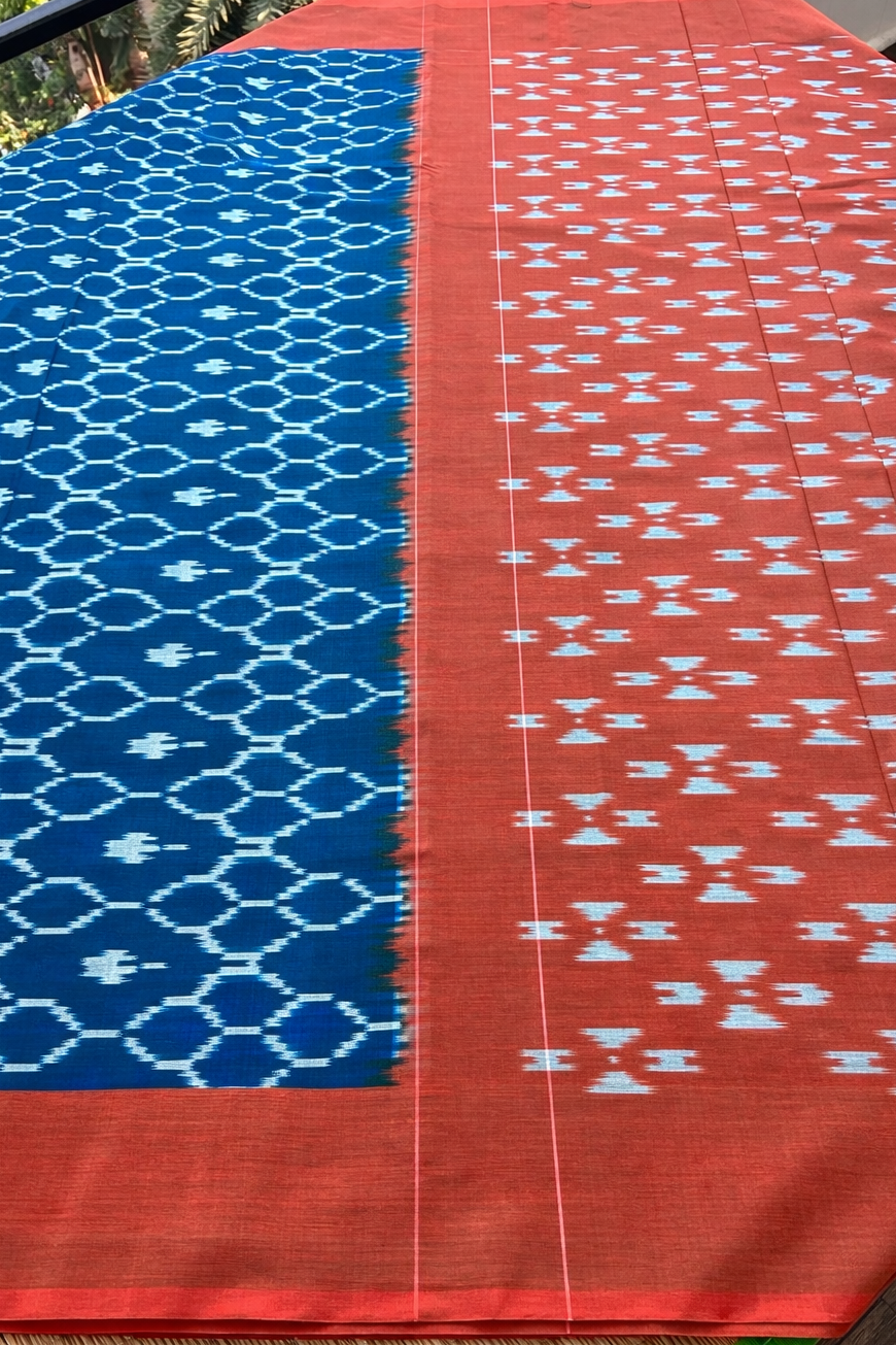 Pochampally Ikat Saree - Royal Blue with Rust Red Border