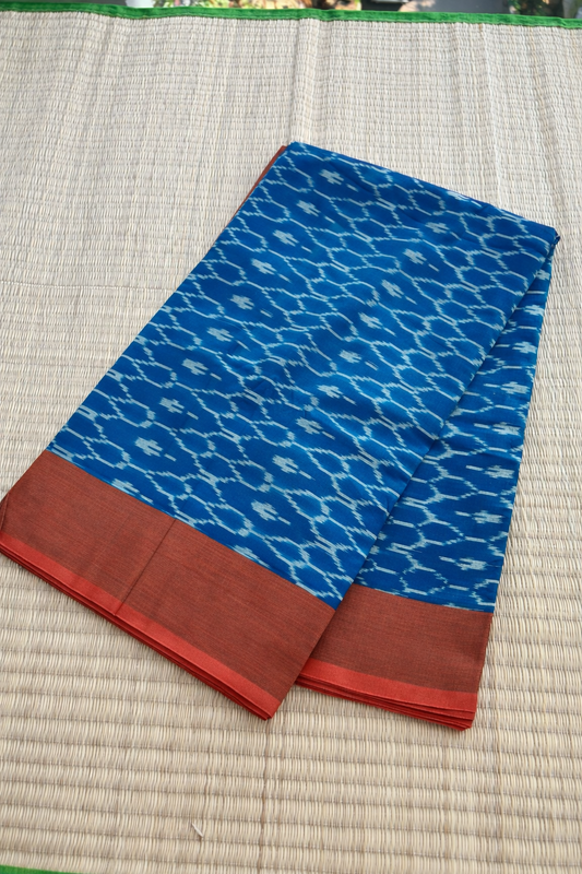 Pochampally Ikat Saree - Royal Blue with Rust Red Border