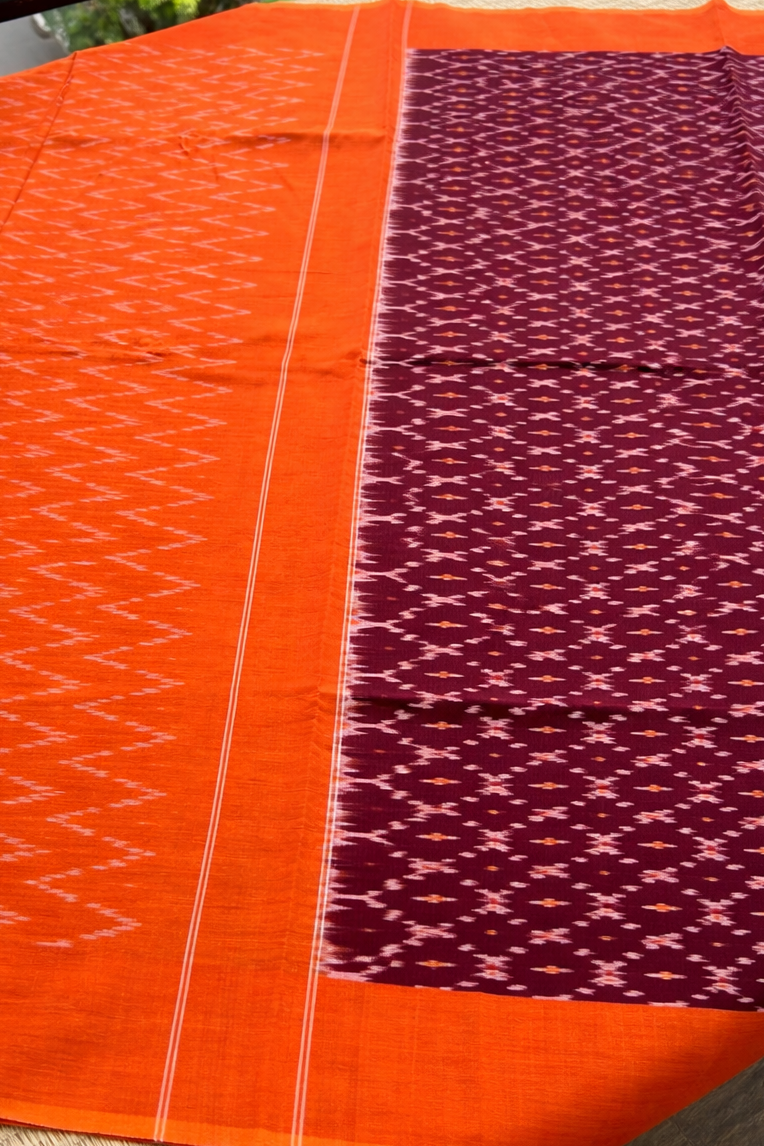 Pochampally Ikat Saree - Wine Maroon with Orange Border