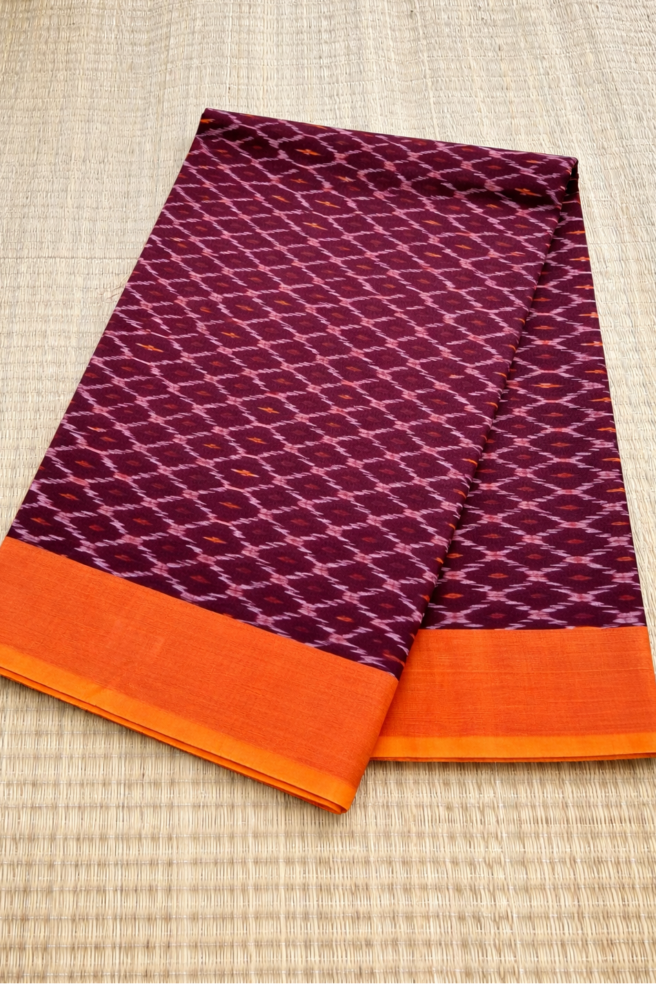 Pochampally Ikat Saree - Wine Maroon with Orange Border