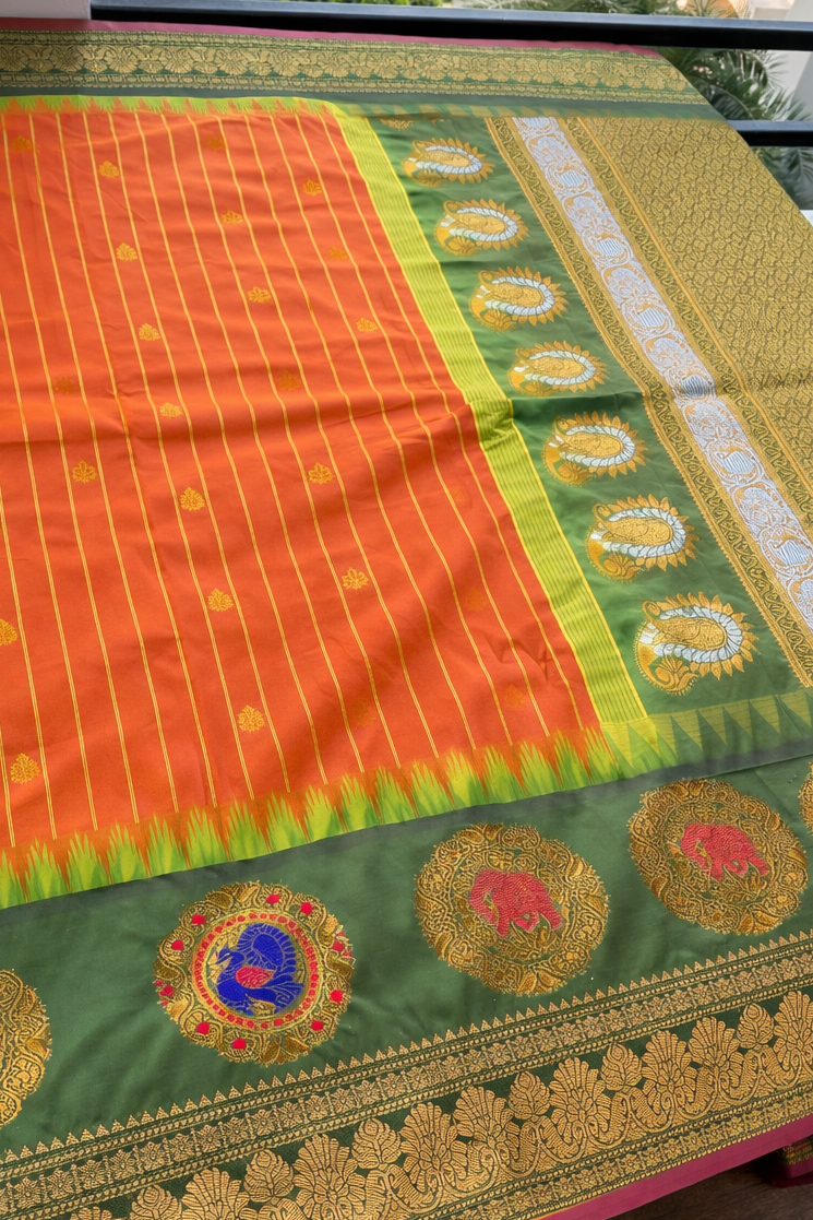Gadwal Semi Silk Saree - Orange with Forest Green Border
