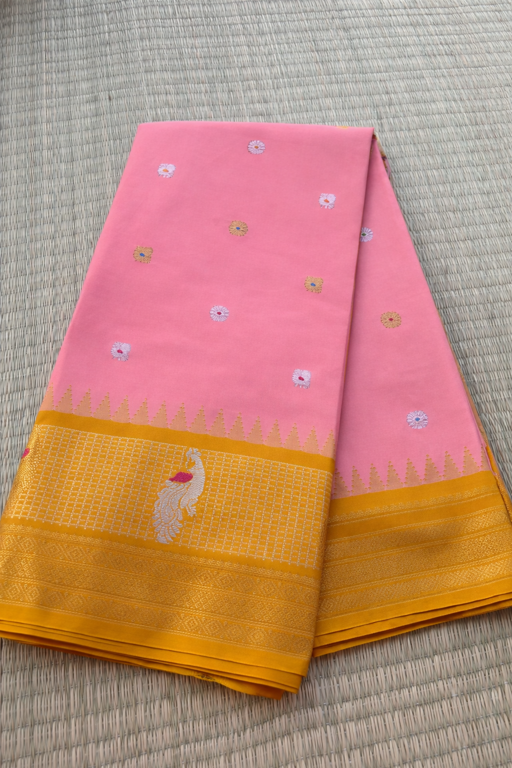 Semi Gadwal Silk Saree - Pink with Gold Border - Full Look