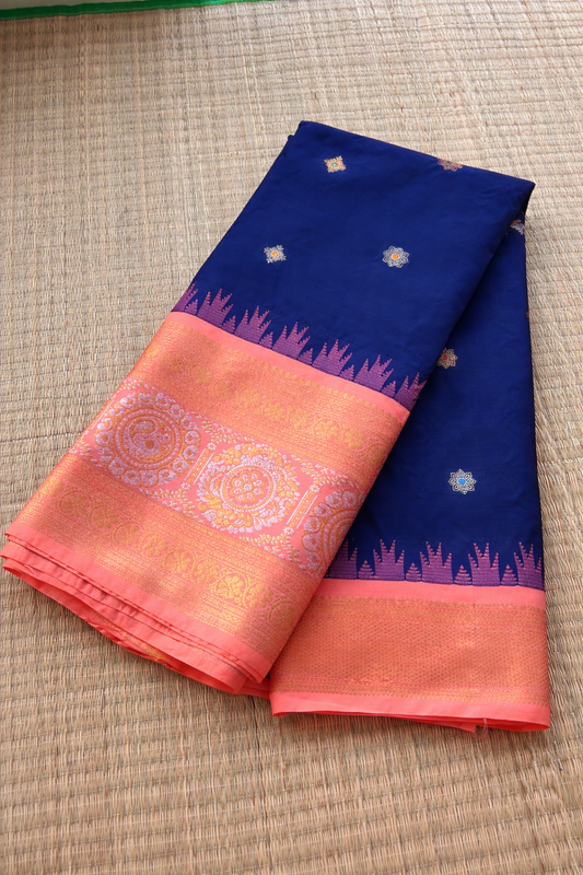 Semi Gadwal Silk Saree - Royal Blue with Peach Border - Full Look