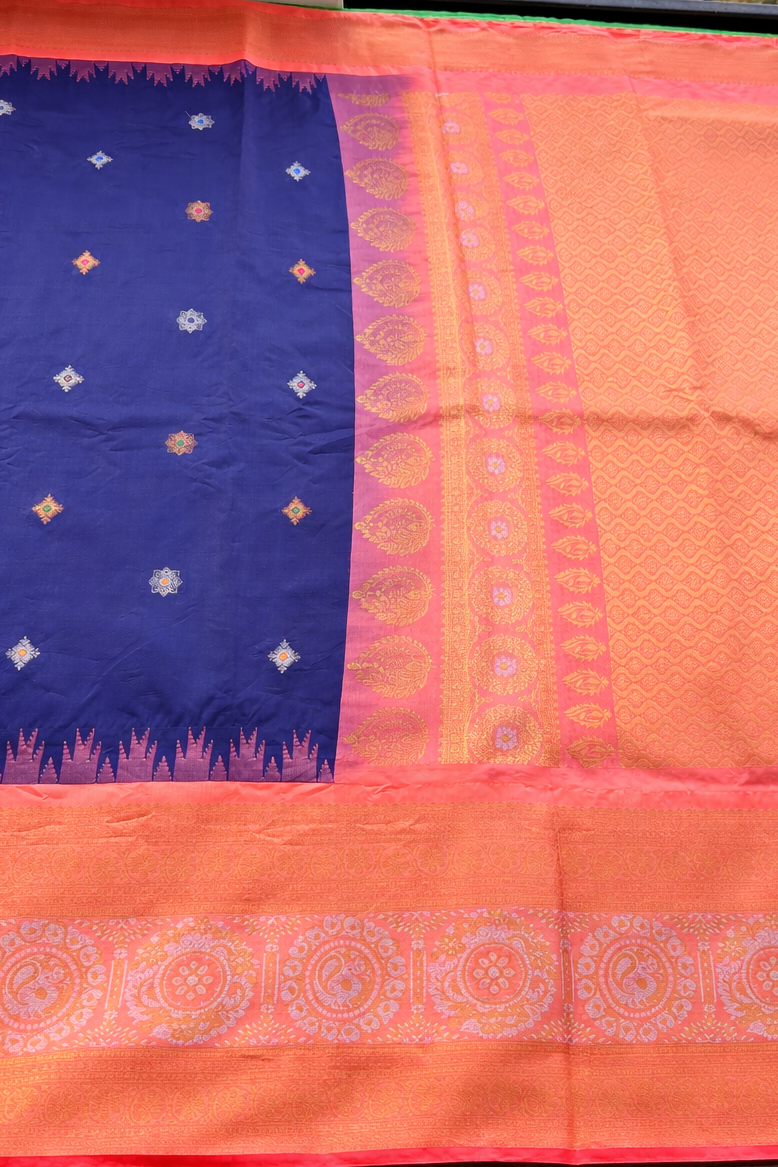 Semi Gadwal Silk Saree - Royal Blue with Peach Border - Pallu Detail