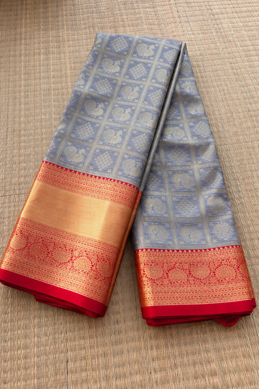 Semi Kanchi Soft Silk Saree - Grey with Red Border - Full Look