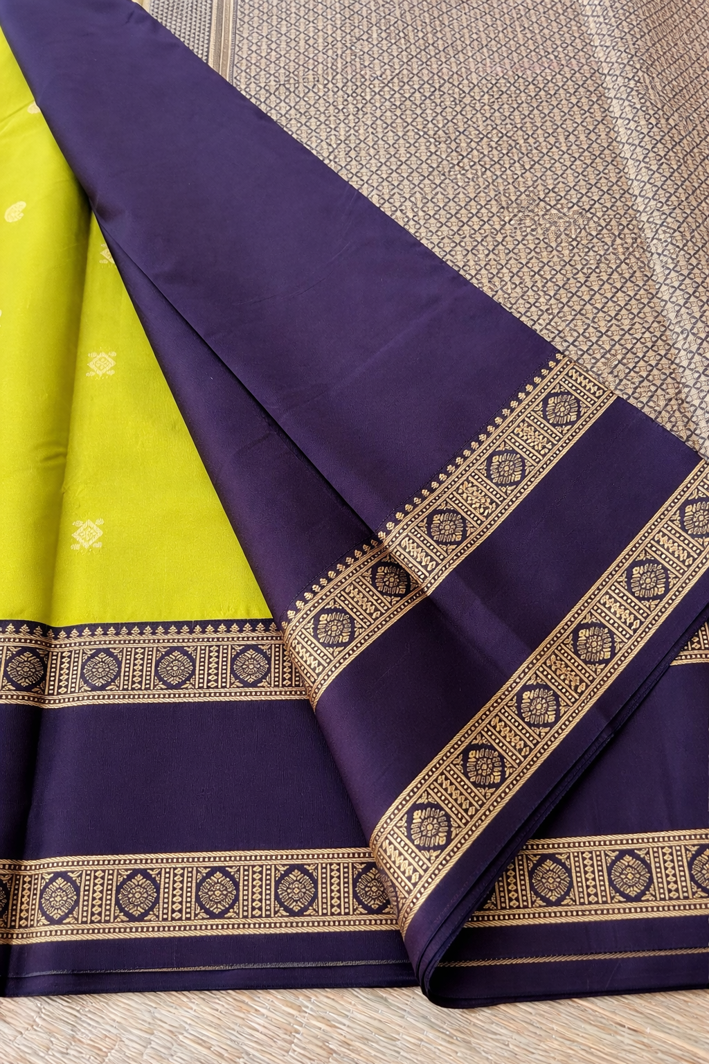 Semi Kanchi Soft Silk Saree - Parrot Green with Navy Border - Blouse Piece