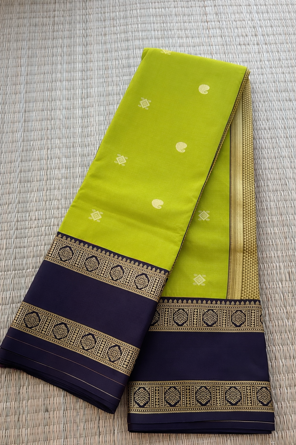 Semi Kanchi Soft Silk Saree - Parrot Green with Navy Border - Full Look