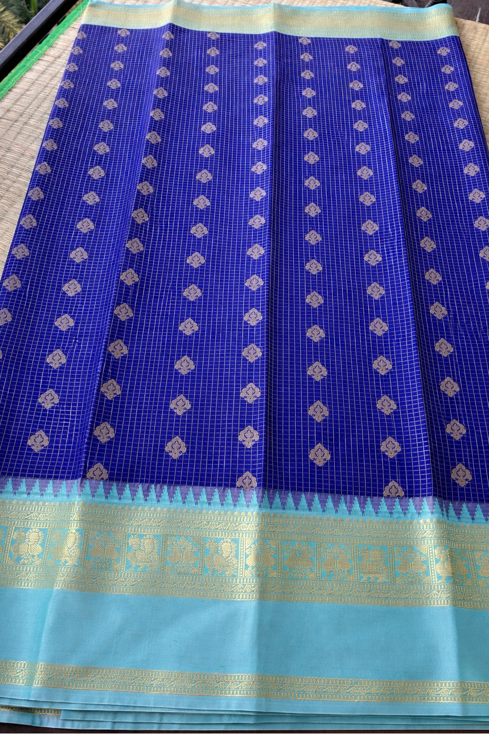 Semi Kanchi Soft Silk Saree - Royal Blue with Sky Blue Border - Body Detail