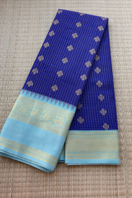 Semi Kanchi Soft Silk Saree - Royal Blue with Sky Blue Border - Full Look