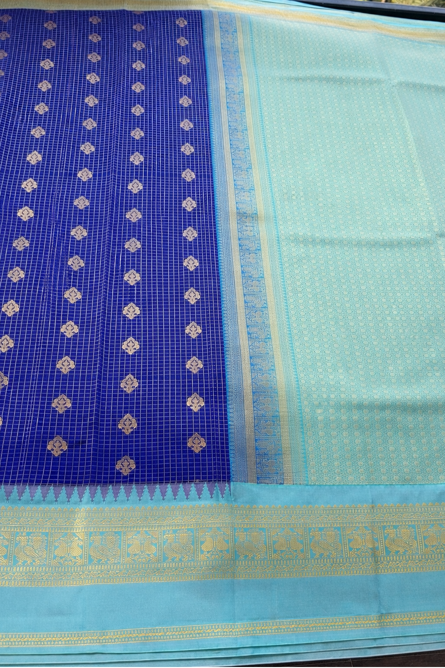 Semi Kanchi Soft Silk Saree - Royal Blue with Sky Blue Border - Pallu Detail