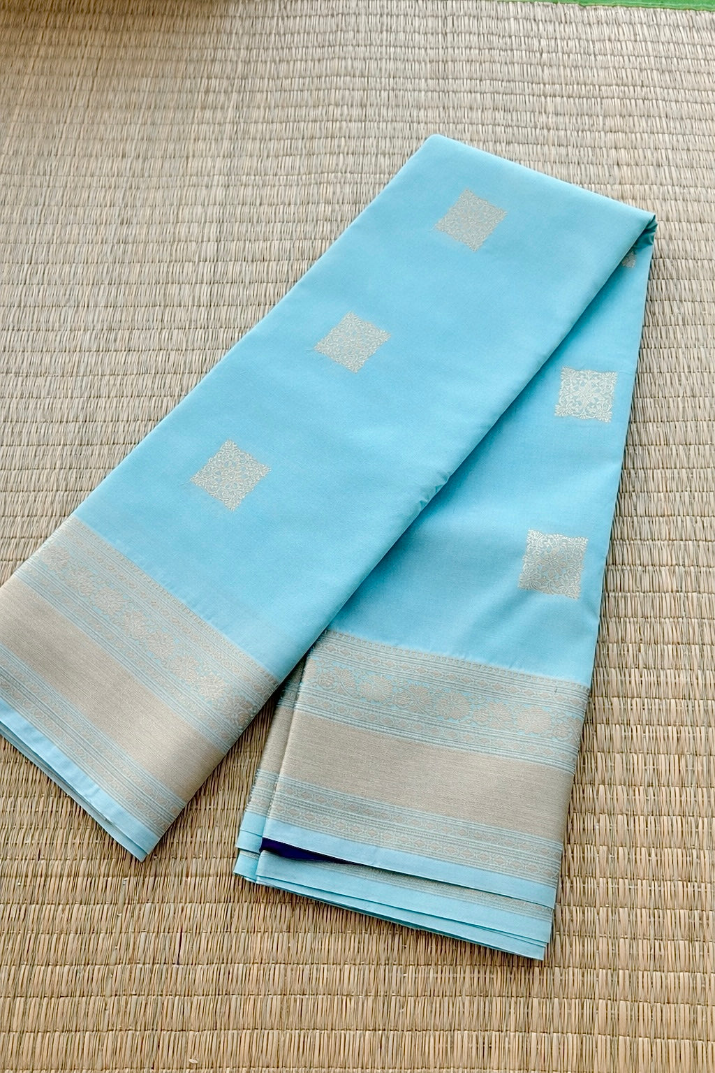 Semi Kanchi Soft Silk Saree - Sky Blue Self with Purple Pallu - Full Look