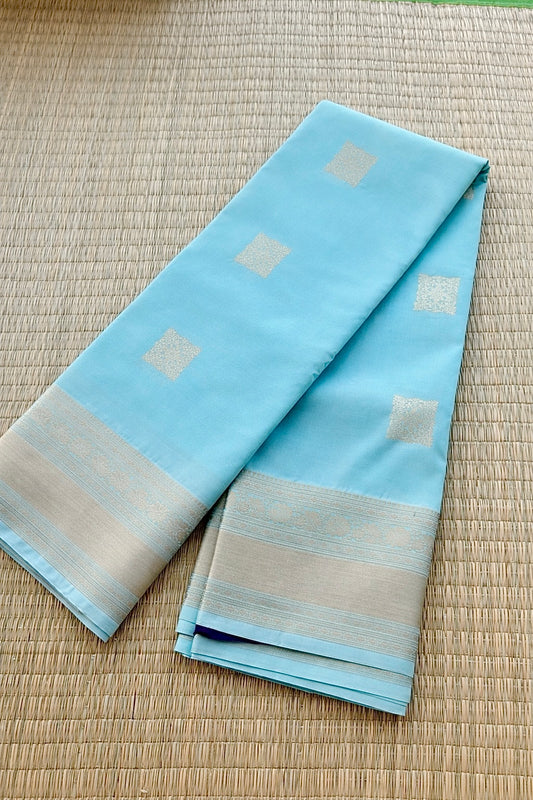 Semi Kanchi Soft Silk Saree - Sky Blue Self with Purple Pallu - Full Look