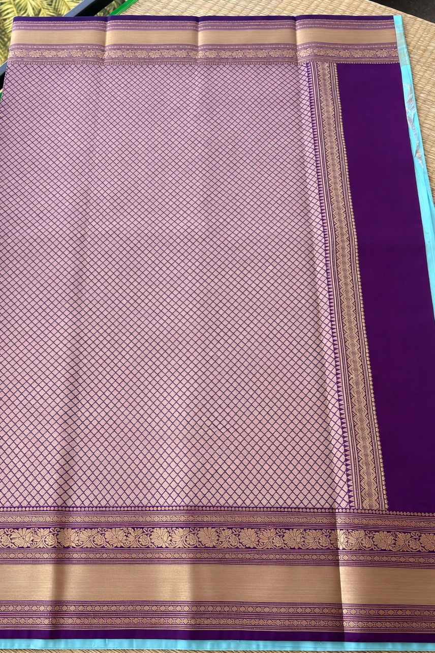 Semi Kanchi Soft Silk Saree - Sky Blue Self with Purple Pallu - Pallu Detail