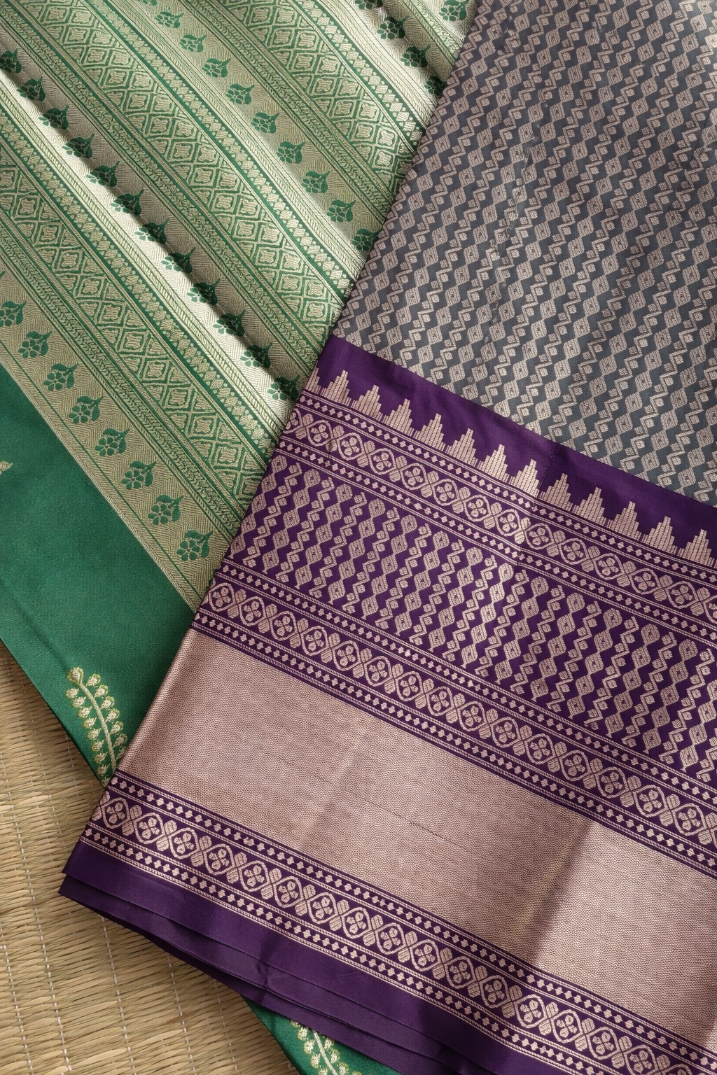 Semi Kanchi Soft Silk Saree - Emerald Green with Violet Border - Blouse Piece