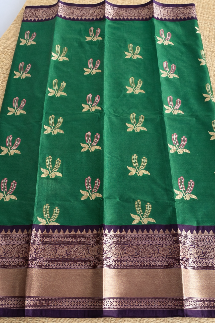Semi Kanchi Soft Silk Saree - Emerald Green with Violet Border - Body Detail